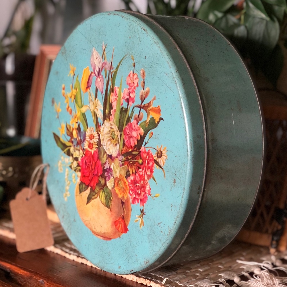 Vintage Teal Floral Tin